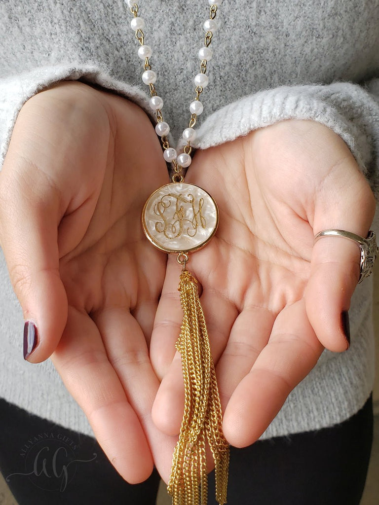 White Marble Shell Pearl Tassel Necklace - Allyanna GiftsMONOGRAM + ENGRAVING